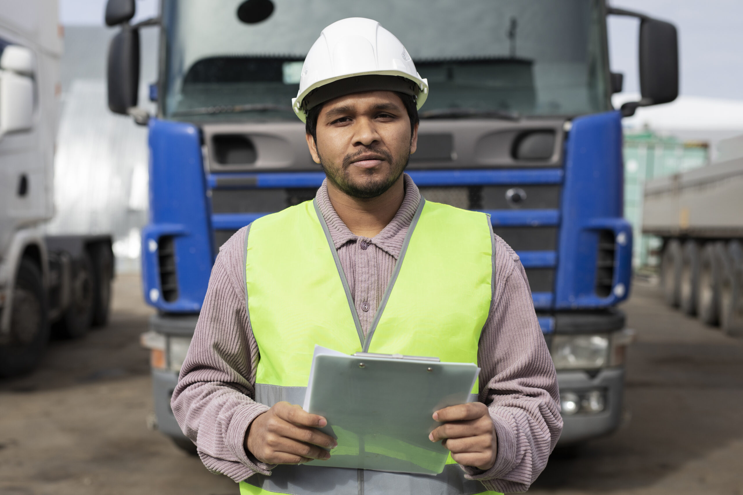 Trucking company worker checking trucking insurance